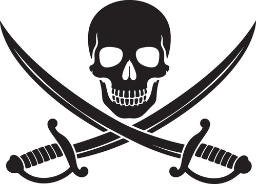 Classic pirate flag symbol, a black silhouette of a skull with crossed sabers, representing danger, adventure, and maritime history also transparent background