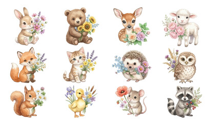 Obraz premium Cute woodland animals with flowers in pastel baby style. Collection of Vector illustrations for invitation, card, poster, banner, decoration