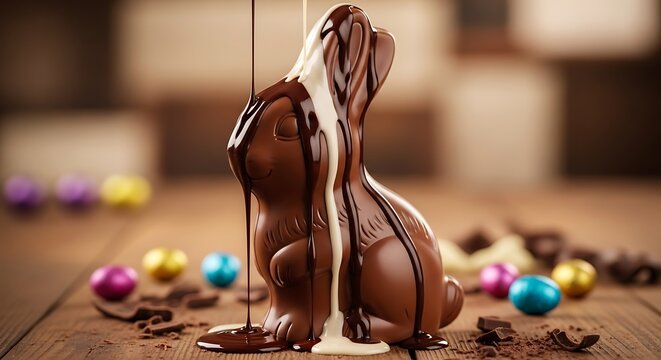 Chocolate easter bunny with drizzled white chocolate and colorful eggs