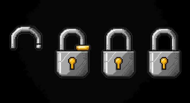 Retro pixel art padlocks showing security and privacy levels