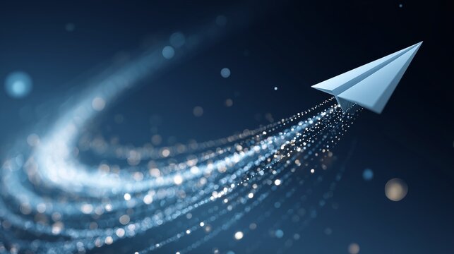 Paper plane leading a sparkling digital trail symbolizing technology onboarding and change management guidance and adoption.