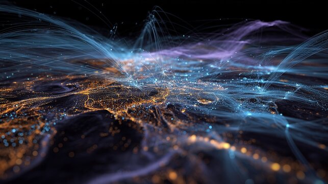 Abstract cityscape with illuminated node network representing complex information science and machine learning deep learning connection.