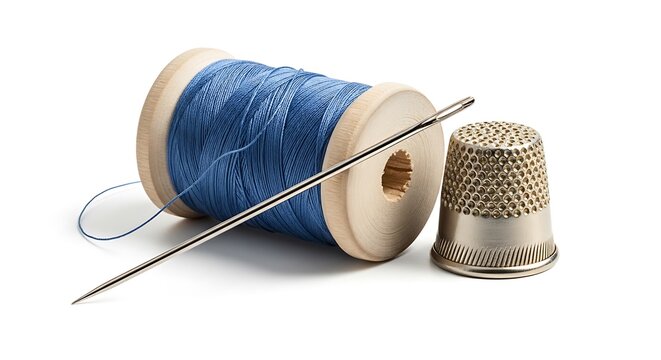 Sewing supplies: thread spool, needle, and thimble on white surface