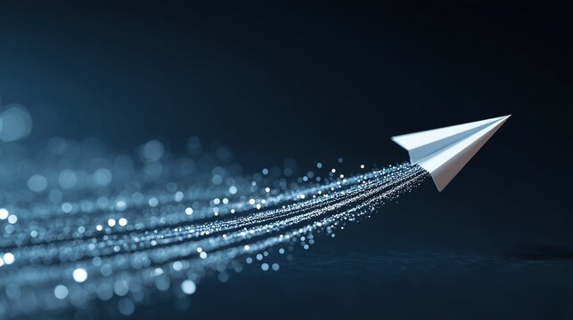 Paper airplane flying with digital particle trail symbolizing seamless technology onboarding and digital adoption, featuring paper airplane and glittering data trail.