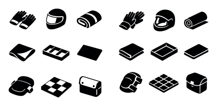 Outdoor and sports design icons with gloves, helmet and mat for mobile app design in solid style