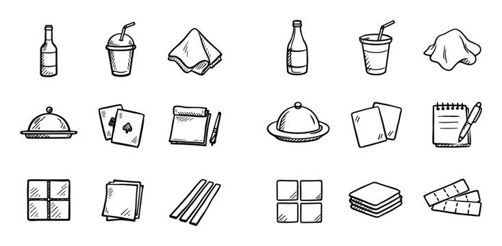 Food and restaurant concept icons with bottle, cup and cards for infographic branding in hand drawn style