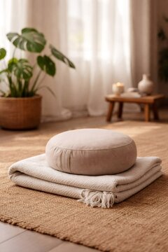 Round zafu cushion resting on a folded blanket over a natural fiber rug, illustrating a serene space for mindfulness, yoga, and wellness practices in a relaxing home interior