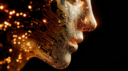 Obraz premium A human head silhouette features a circuit board pattern and glowing elements, showcasing concepts of artificial intelligence and modern technology