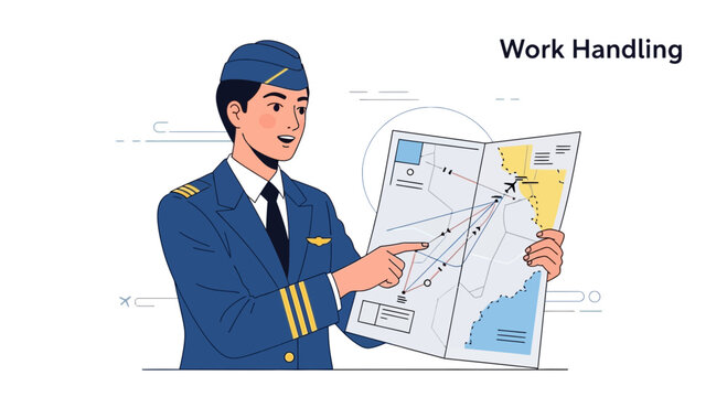 Pilot Planning Flight Route on Navigation Chart - Illustration