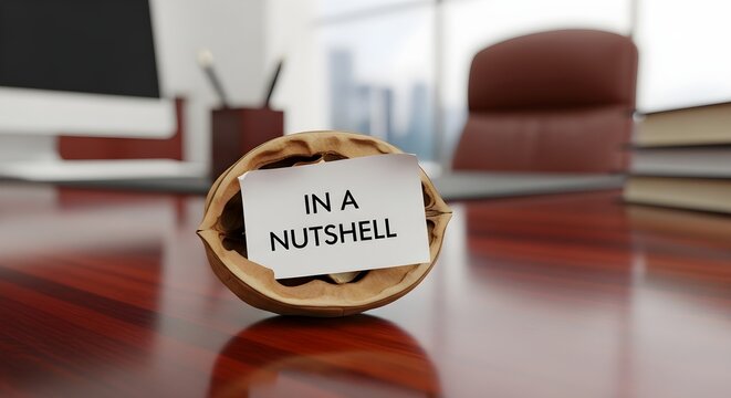 A rolled document labeled "in a nutshell" on a polished conference table with chair and book in background, symbolizing concise corporate communication and executive summary.