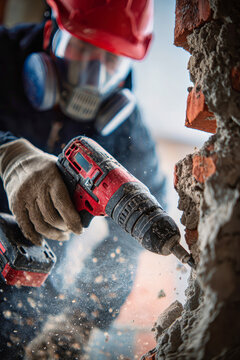 A worker is using a drill to break into a wall at a construction site. Dust is rising as the tool makes contact with the material. Safety gear is worn