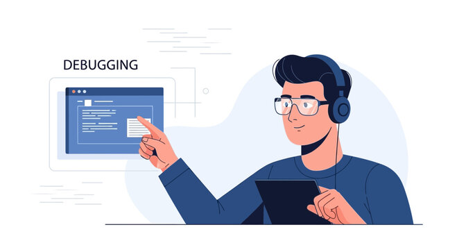 Programmer debugging code with headphones and tablet, technology concept