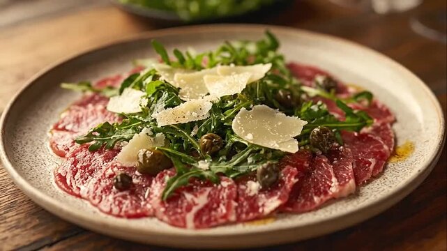 Gourmet beef carpaccio appetizer with fresh arugula and parmesan cheese on a ceramic plate