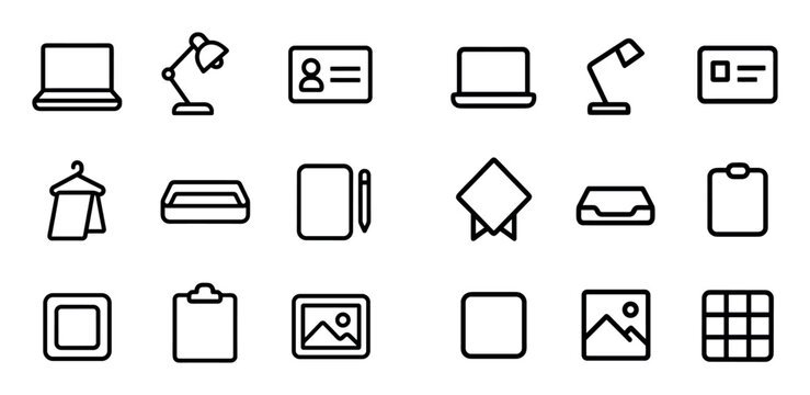 Office and workspace design icons with laptop, lamp and clipboard for presentation design in outline style