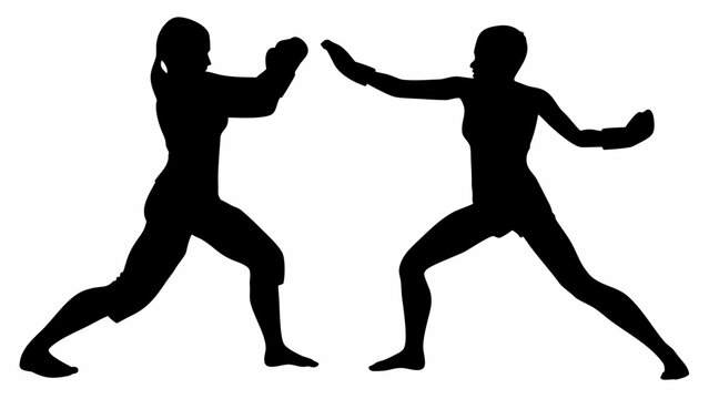 Martial arts sparring silhouettes training in fighting stance with fists up on white background