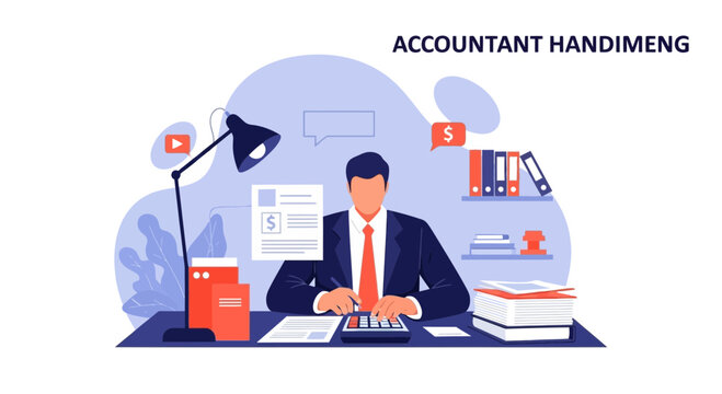 Professional accountant working at desk with calculator and papers, business concept