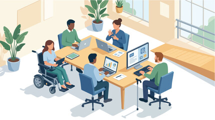Fototapeta premium Diverse professional team collaborating in a modern inclusive office environment.