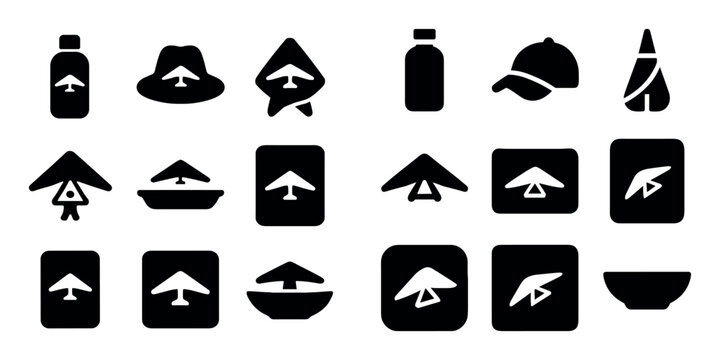 Aviation and adventure icon set with bottle, hat and hang glider for web design in solid vector art