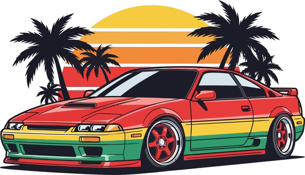 Custom Sports Car Rasta Colors Sunset Vector Illustration