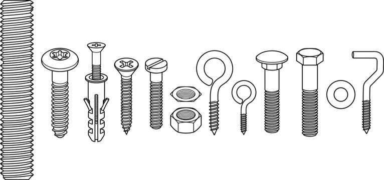 Set of Metal Screws Bolts Nuts Washers and Fasteners Vector Illustration Isolated on Gray Background