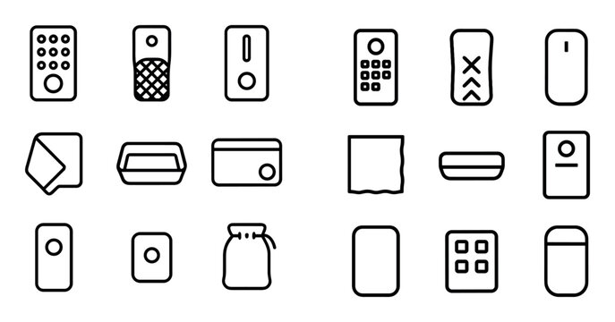 Minimalist and remote control design icons with handset, device and button for web interface design in outline style