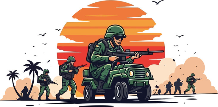 Military Patrol ATV Sunset Caricature Vector Illustration