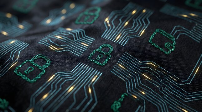 Close up of a circuit board with glowing green and yellow lines and padlock symbols on a dark background representing digital security and technology