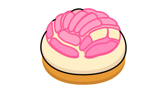 Sweet mexican pink concha bread illustration featuring an editable stroke for customizable line weight, depicting the traditional shell pattern bun for bakery menus and culinary graphic designs.