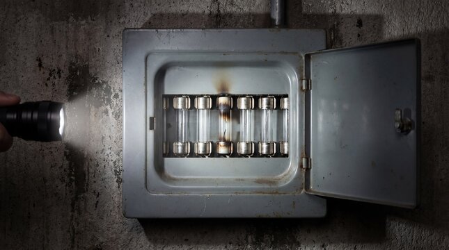 A close-up view of an open electrical fuse box with several fuses visible. A flashlight illuminates the interior, highlighting the metallic components.