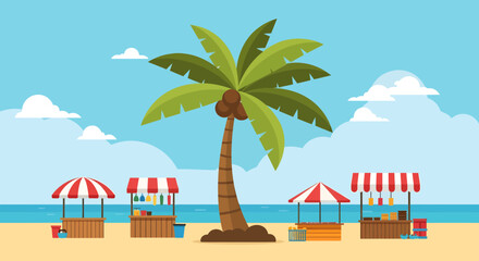 Obraz premium Beachside food stalls under palm tree
