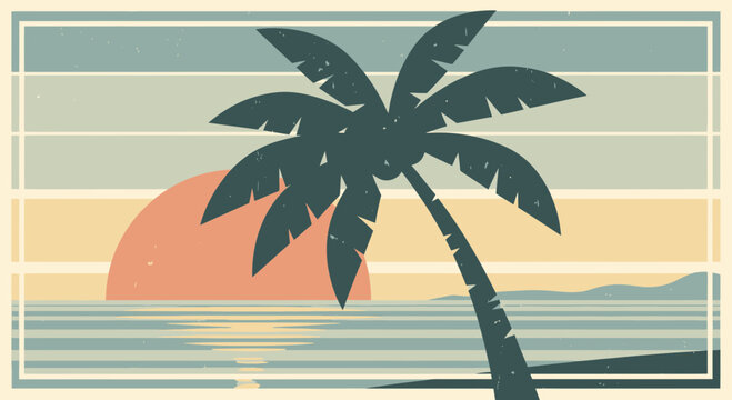 Vintage tropical beach scene with palm tree at sunset