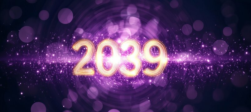 Vibrant New Year Countdown 2039 Celebration with Abstract Purple Glitter and Shimmering Gold Accents