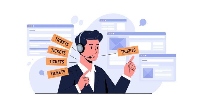 Customer service agent managing tickets with headset, surrounded by incoming support requests.