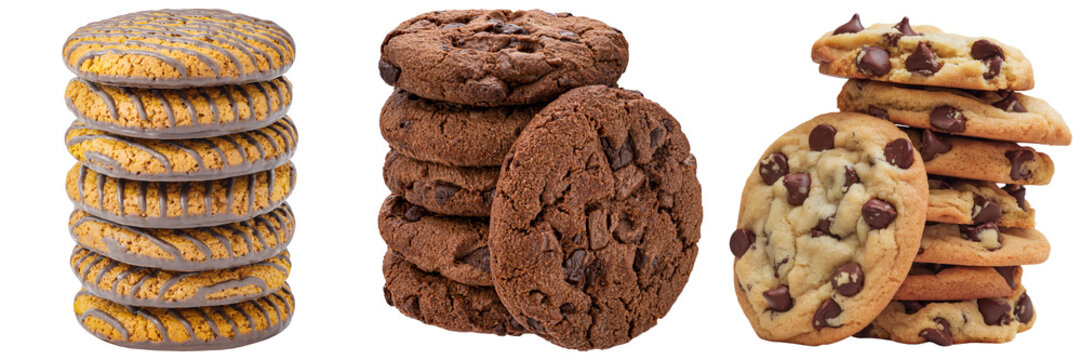Three stacks of cookies: chocolate chip, double chocolate chip, and oatmeal with chocolate drizzle, isolated on transparent background