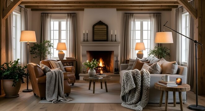 Cozy Living Room: Fireplace, Armchairs, and Warm Lighting