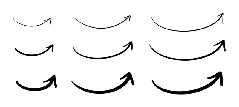 右向きのペンの手書き矢印セット 白黒　ベクター