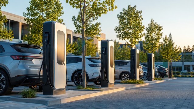 Bornes de recharge pour voitures &eacute;lectriques dans un parking moderne