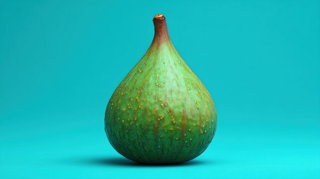 A single green fig with a smooth surface and a pointed top, placed on a bright turquoise background. The fig is ripe and fresh, showcasing its natural color.