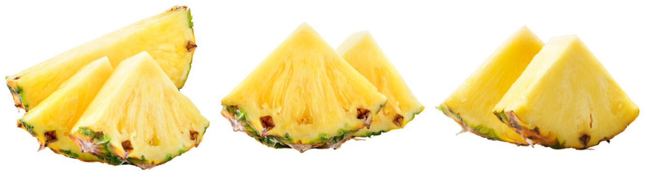 Three slices of fresh pineapple isolated on a transparent background