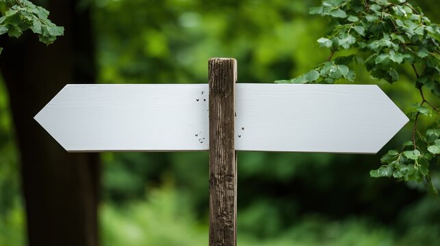 A blank wooden signpost with two arrows in a lush green forest. The background features dense foliage and natural light filtering through the trees.