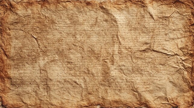 Close‑up aged vintage parchment paper texture background with wrinkles and creases, pale tan center fading to dark brown and reddish‑brown borders, faint unreadable faded horizontal script marks