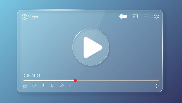 Liquid Glass Video Player Interface for Smartphone and Cellphone, Transparent Glassmorphism Media Streaming UI Panel with Play Button Vector Illustration