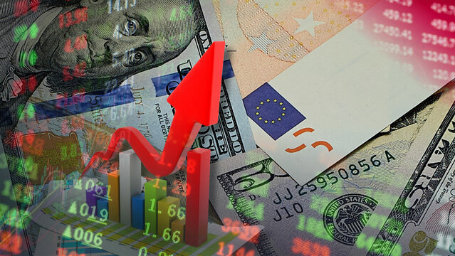Global currency trade between the US dollar and the Euro is expanding rapidly. Banknotes of both global currencies set against a backdrop of rising stock tickers capture strong financial momentum.