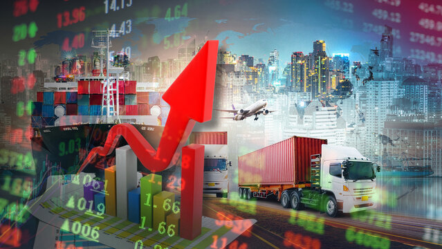 International supply chains are experiencing powerful economic growth. Container trucks, cargo planes, and ships moving across a city backdrop against rising stock tickers capture the booming 