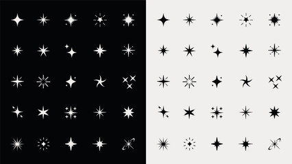 Obraz premium White Sparkle Starburst Icons Set Bundle Pack, Glitter Twinkle Shine Symbols on Light and Dark Backgrounds