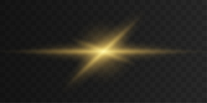 Golden spark light line with glitter particles. Horizontal neon streak isolated on transparent background. Magical shining divider for design use.