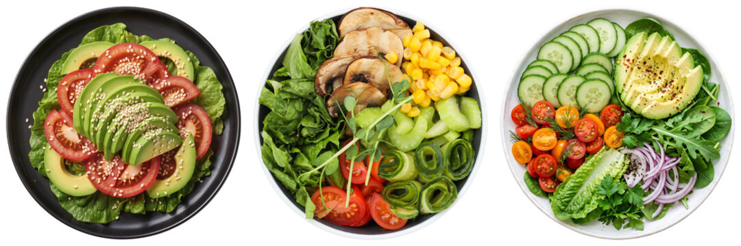 Three healthy salads with avocado, tomatoes, cucumbers, lettuce, mushrooms, corn, and onions, isolated on transparent background