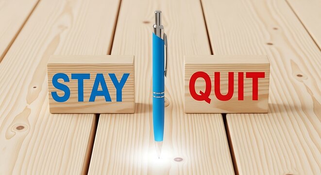 Decision point with pen poised between 'Stay' and 'Quit' blocks, representing choice and uncertainty.