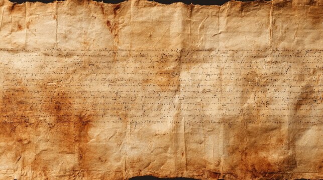 Close‑up aged vintage parchment paper texture background with wrinkles and creases, pale tan center fading to dark brown and reddish‑brown borders, faint unreadable faded horizontal script marks