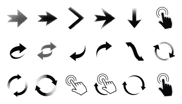 Collection of dotted halftone arrows and hand click icons for interactive interface navigation and digital applications